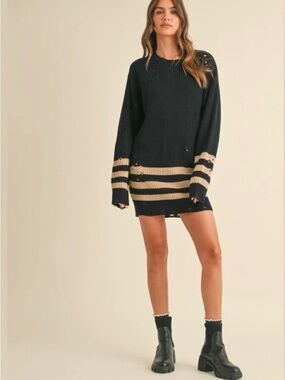KLESIS BLACK AND CREAM DISTRESSED SWEATER DRESS